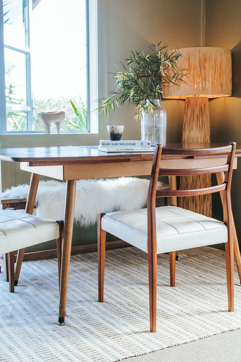 vintage mid century modern mahogany dining chairs with white textured vinyl seat