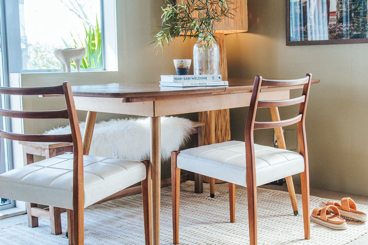 vintage mid century modern mahogany dining chairs with white textured vinyl seat
