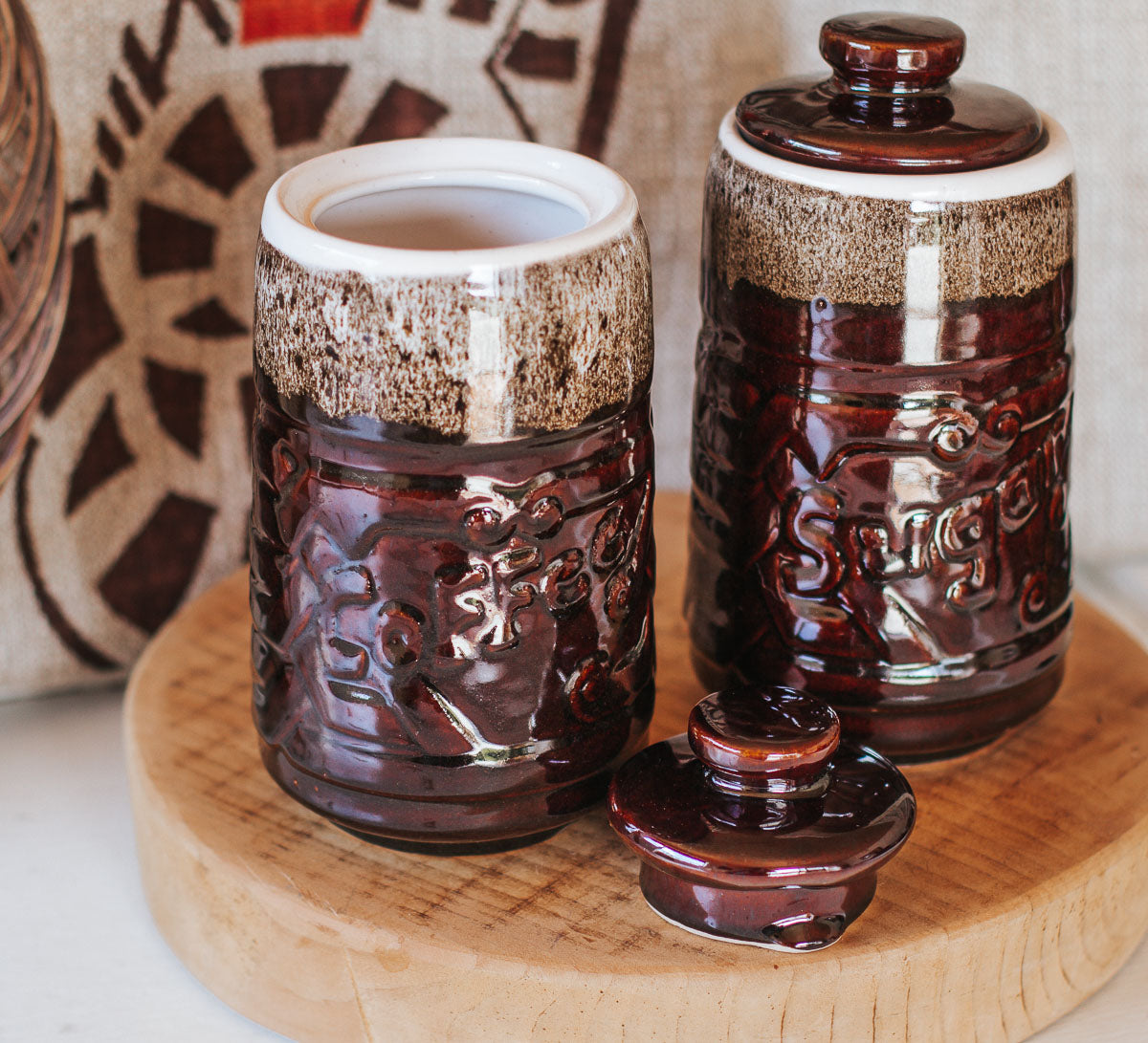 vintage boho nz made orzel coffee and sugar cannisters with lid in burnt cocoa and speckled cinnamon glaze