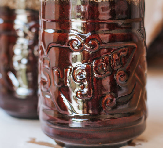 vintage boho nz made orzel coffee and sugar cannisters with lid in burnt cocoa and speckled cinnamon glaze