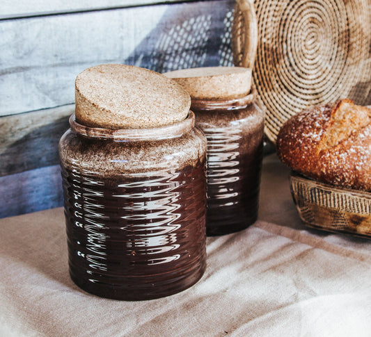 vintage boho nz made crown lynn pottery storage cannisters with corks in brown and cream