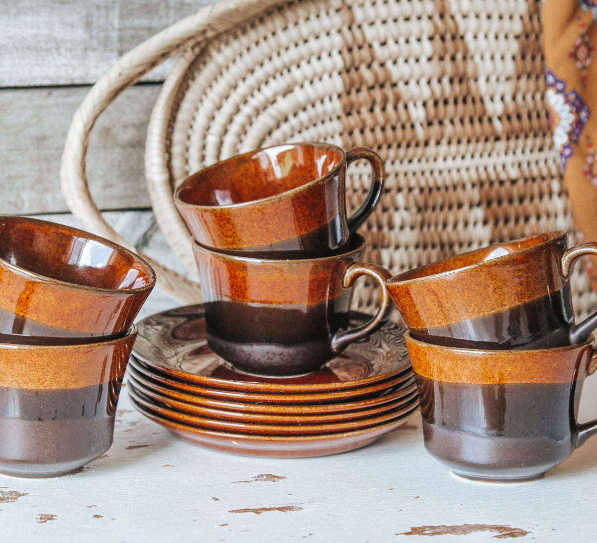 boho vintage crown lynn coffee mugs in burnt toffee glaze set of 6 with saucers