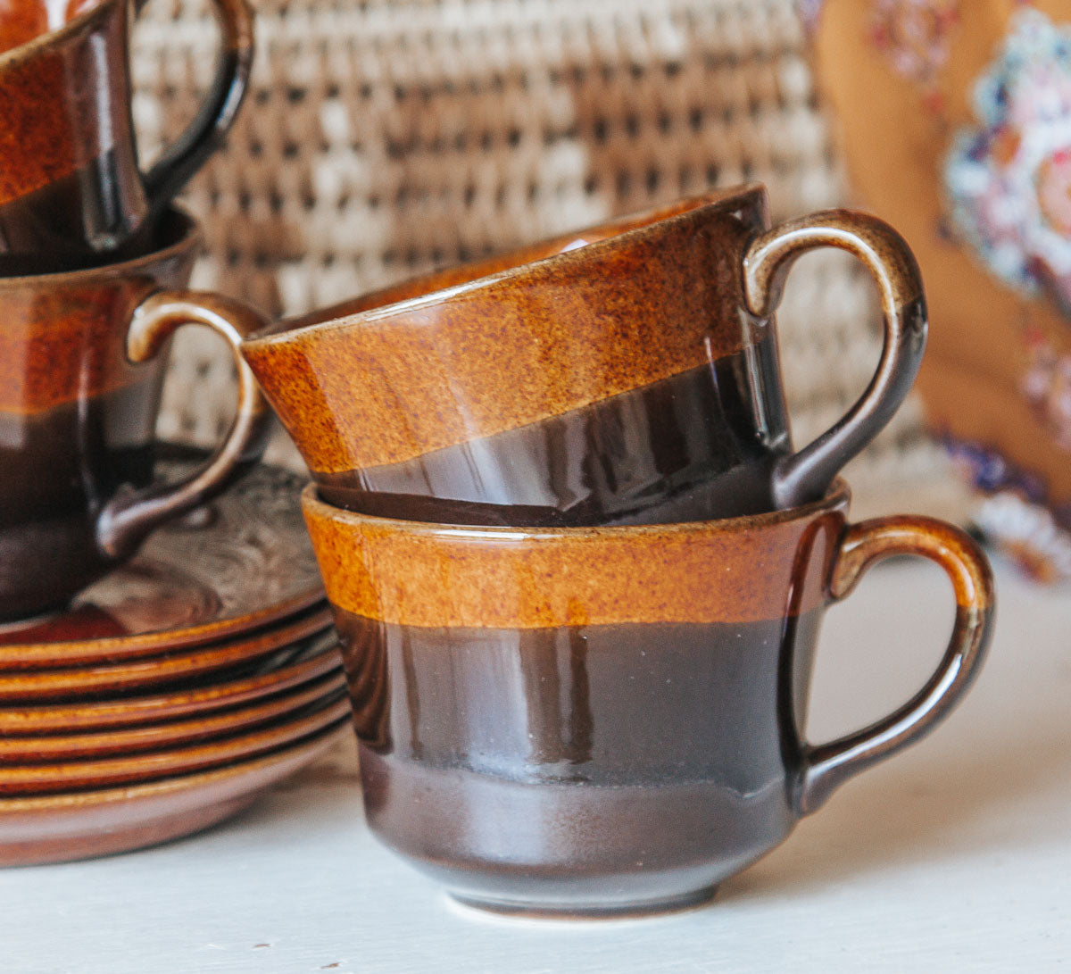 boho vintage crown lynn coffee mugs in burnt toffee glaze set of 6 with saucers