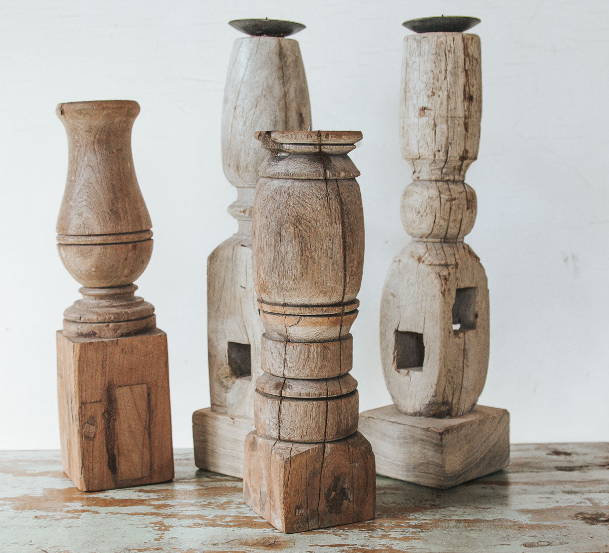 rustic boho hand carved indian recycled wood candle holders