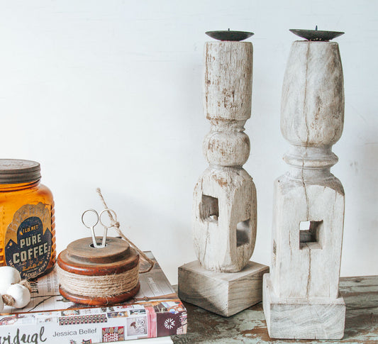 rustic boho hand carved indian recycled wood candle holders