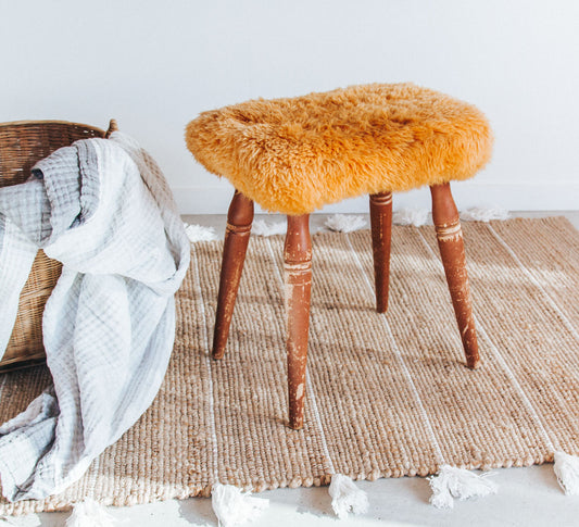 vintage retro sheepskin seat makeup stool with wooden legs