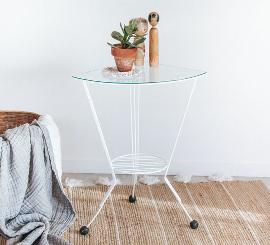 vintage retro boho white metal side table with round wooden ball feet