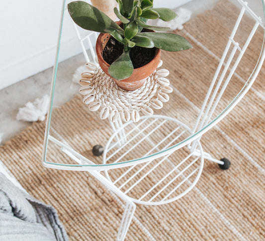 vintage retro boho white metal side table with round wooden ball feet