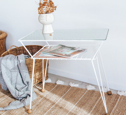 vintage retro boho white metal side table with round wooden ball feet