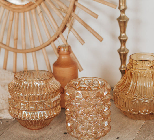 vintage boho retro amber glass lightshde repurposed as candle holder