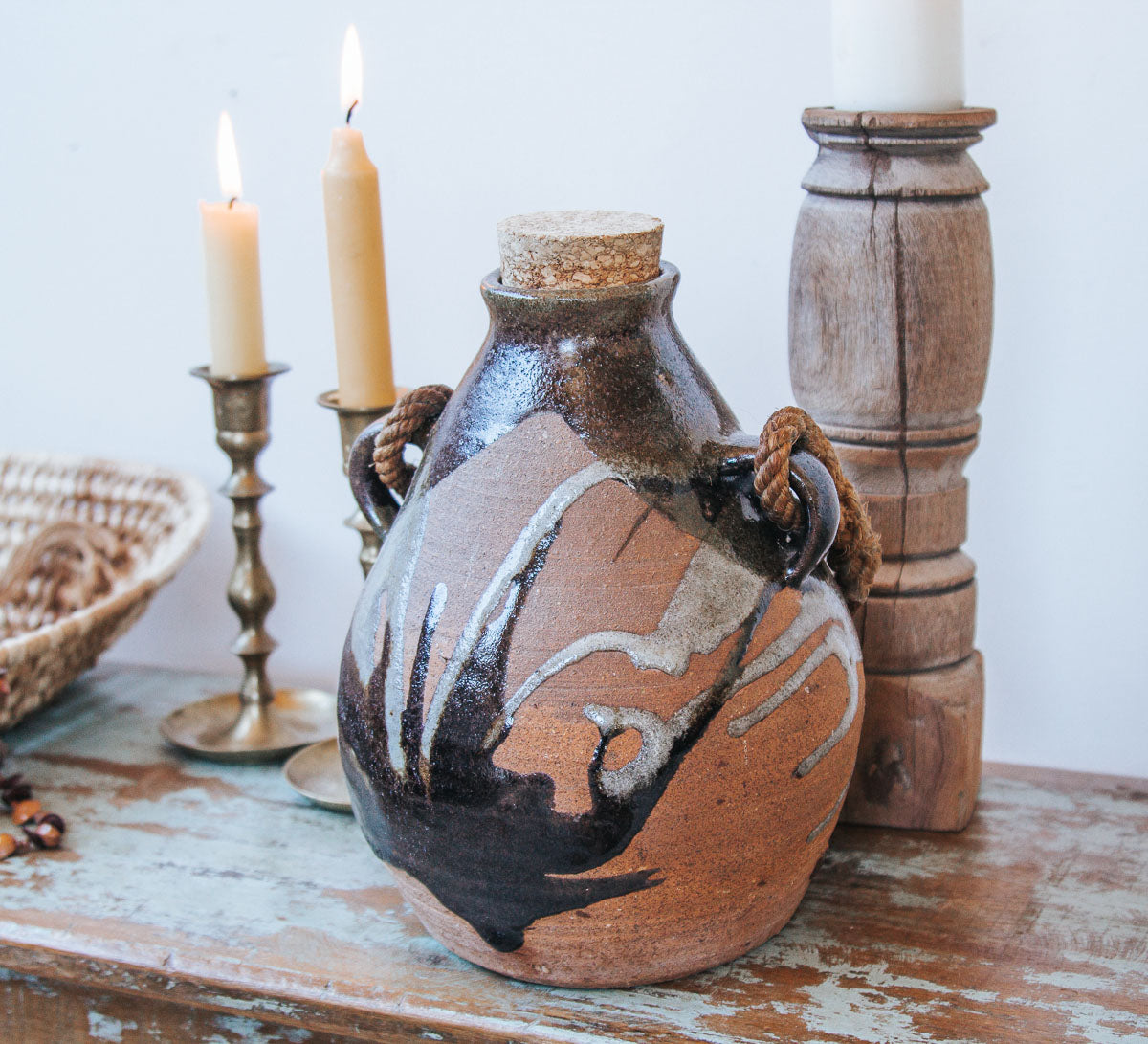 vintage studio pottery jug with cork and jute handles