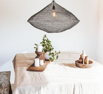 black wire mesh pendant light made from metal links in boho scandi style