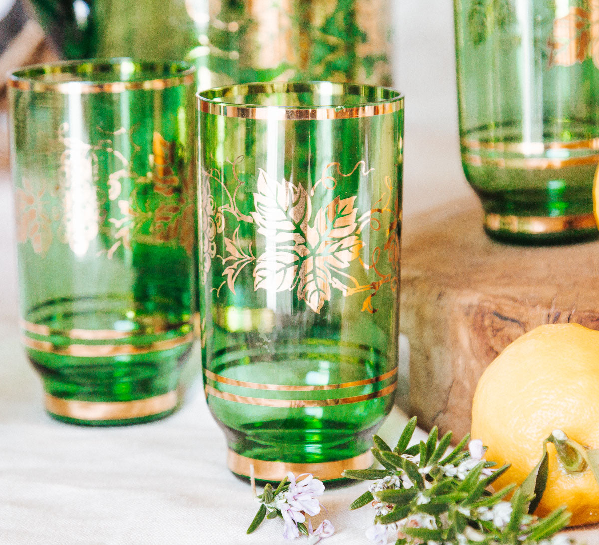 vintage boho Czechoslovakia bohemian green and gold glass jug and drinking glasses set with vine and grapes in gold