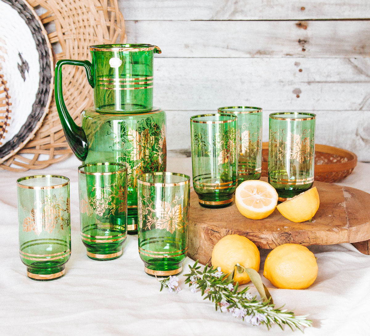 vintage boho Czechoslovakia bohemian green and gold glass jug and drinking glasses set with vine and grapes in gold