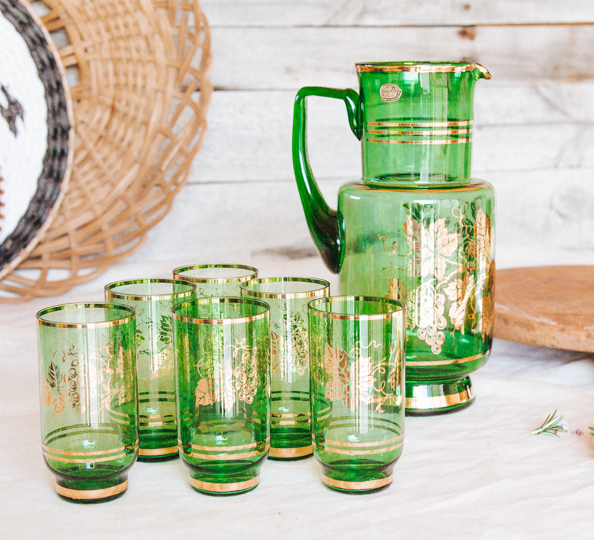 vintage boho Czechoslovakia bohemian green and gold glass jug and drinking glasses set with vine and grapes in gold