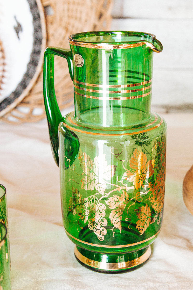 vintage boho Czechoslovakia bohemian green and gold glass jug and drinking glasses set with vine and grapes in gold