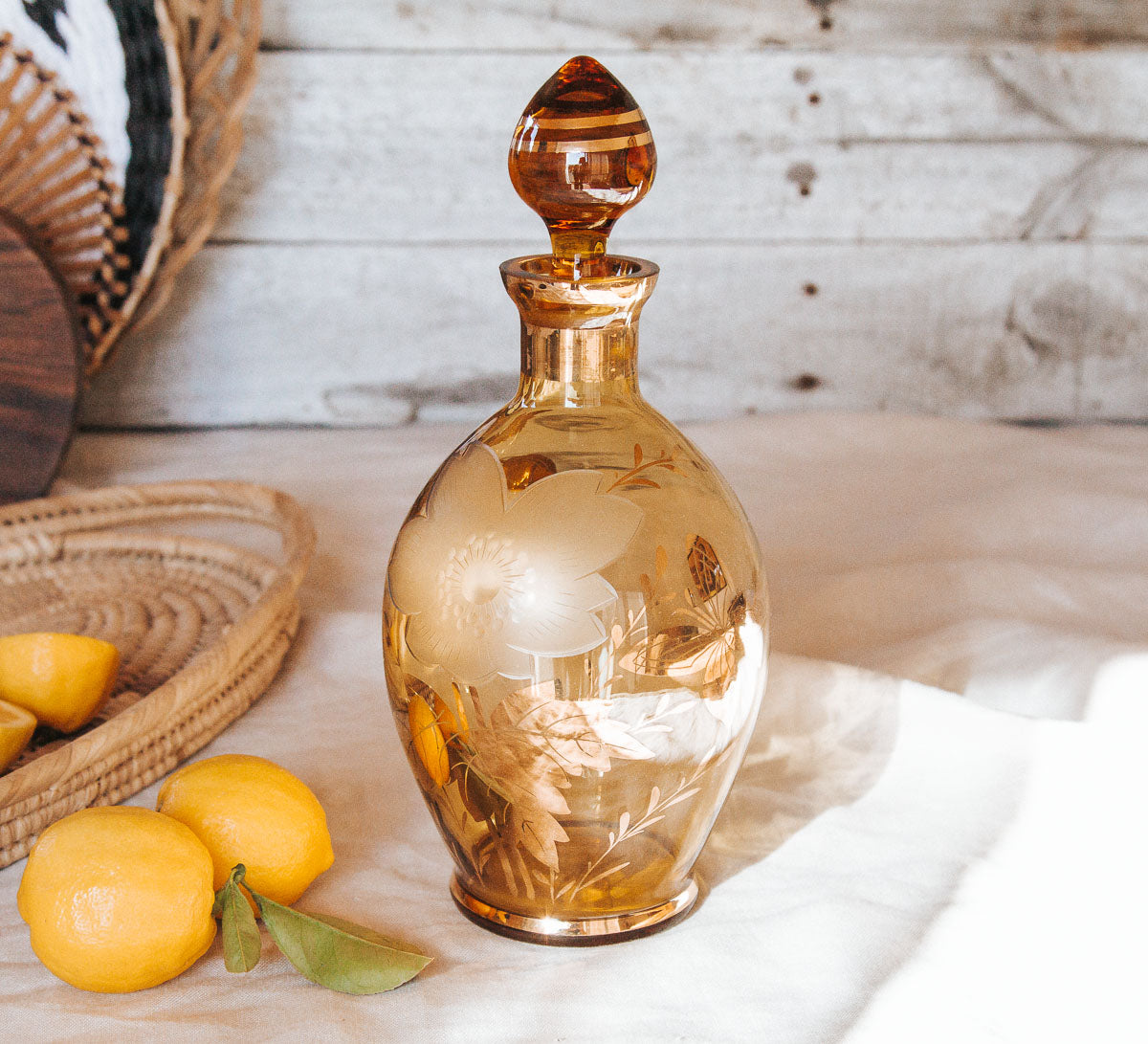 vintage boho czechoslovakia bohemia glass decanter with stopper in amber gold glass and gold rim