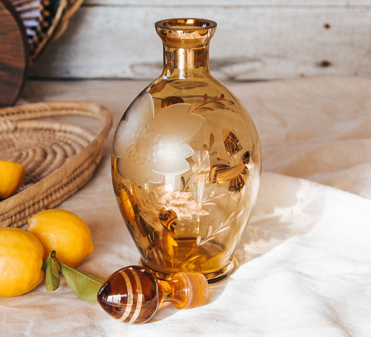 vintage boho czechoslovakia bohemia glass decanter with stopper in amber gold glass and gold rim