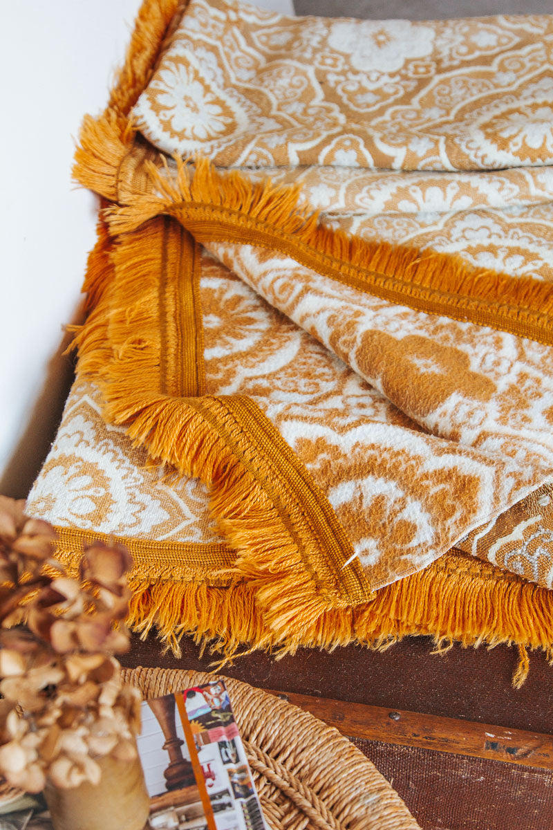 vintage boho gold  retro brocade bed throw blanket