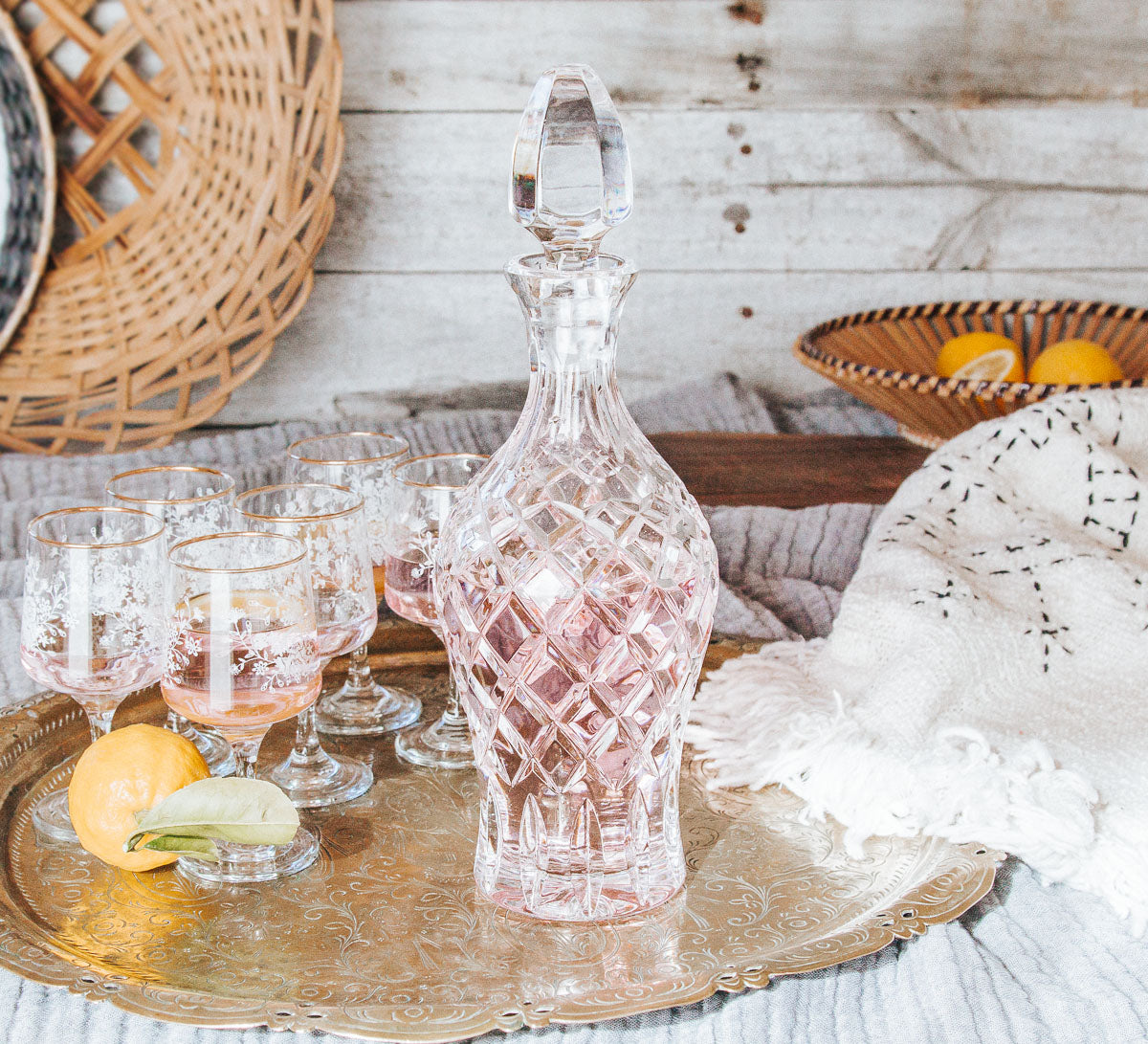 vintage boho cut crystal glass decanter with stopper