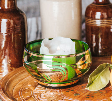 vintage boho green and gold glass dish