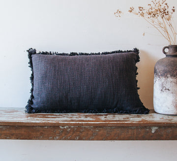 boho woven cotton charcoal throw cushion with fringe