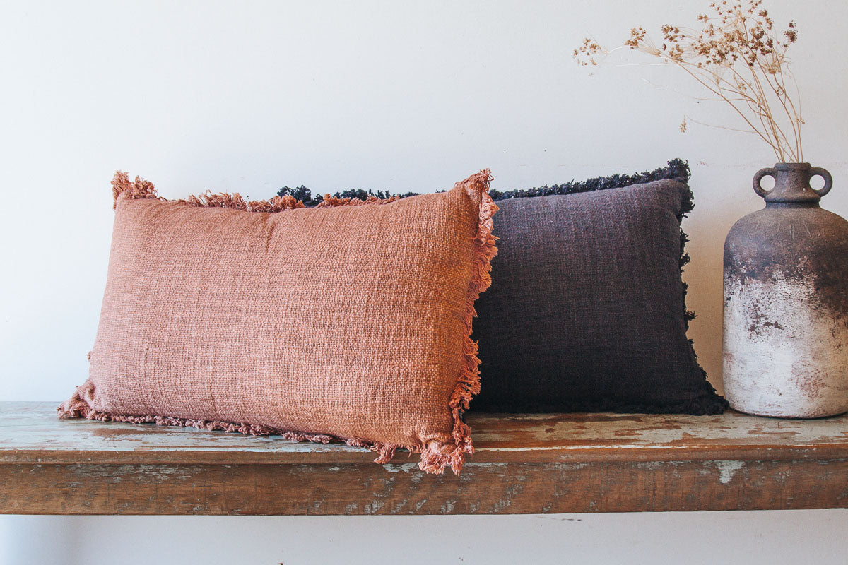 boho woven cotton terracotta throw cushion with fringe