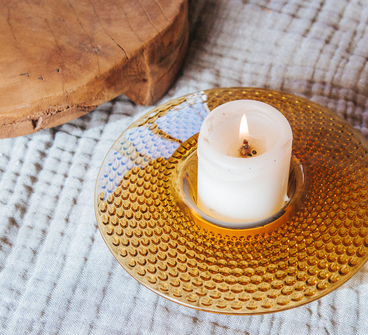 vintage boho amber gold dimpled glass candle holder