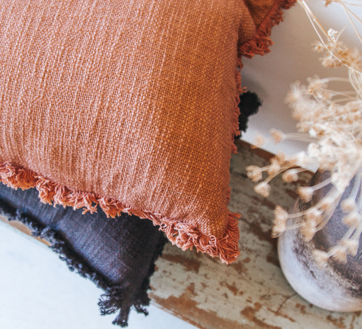 boho woven cotton charcoal throw cushion with fringe