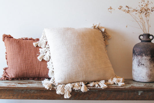 boho woven cotton white throw cushion with tassled fringe