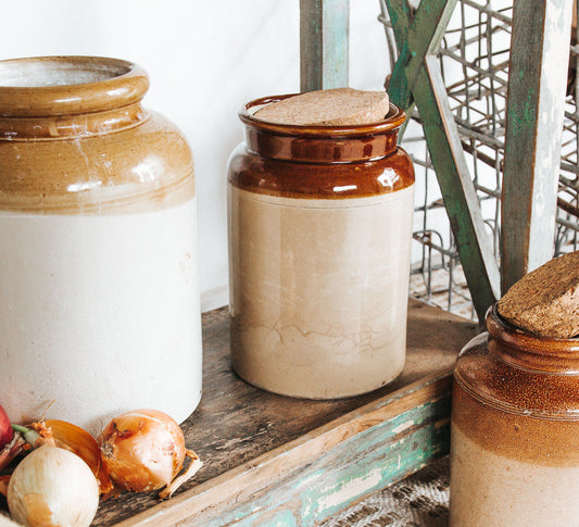 vintage boho stone crock storage jar