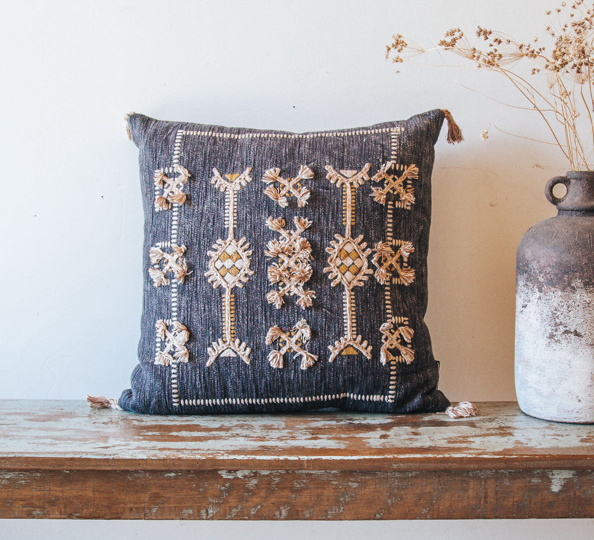 boho embroidered fringed throw pillow cushion