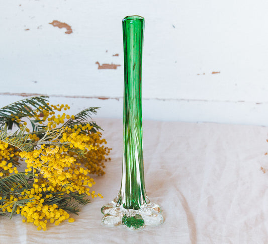 vintage murano glass twisted vase in bright green with flower shaped foot