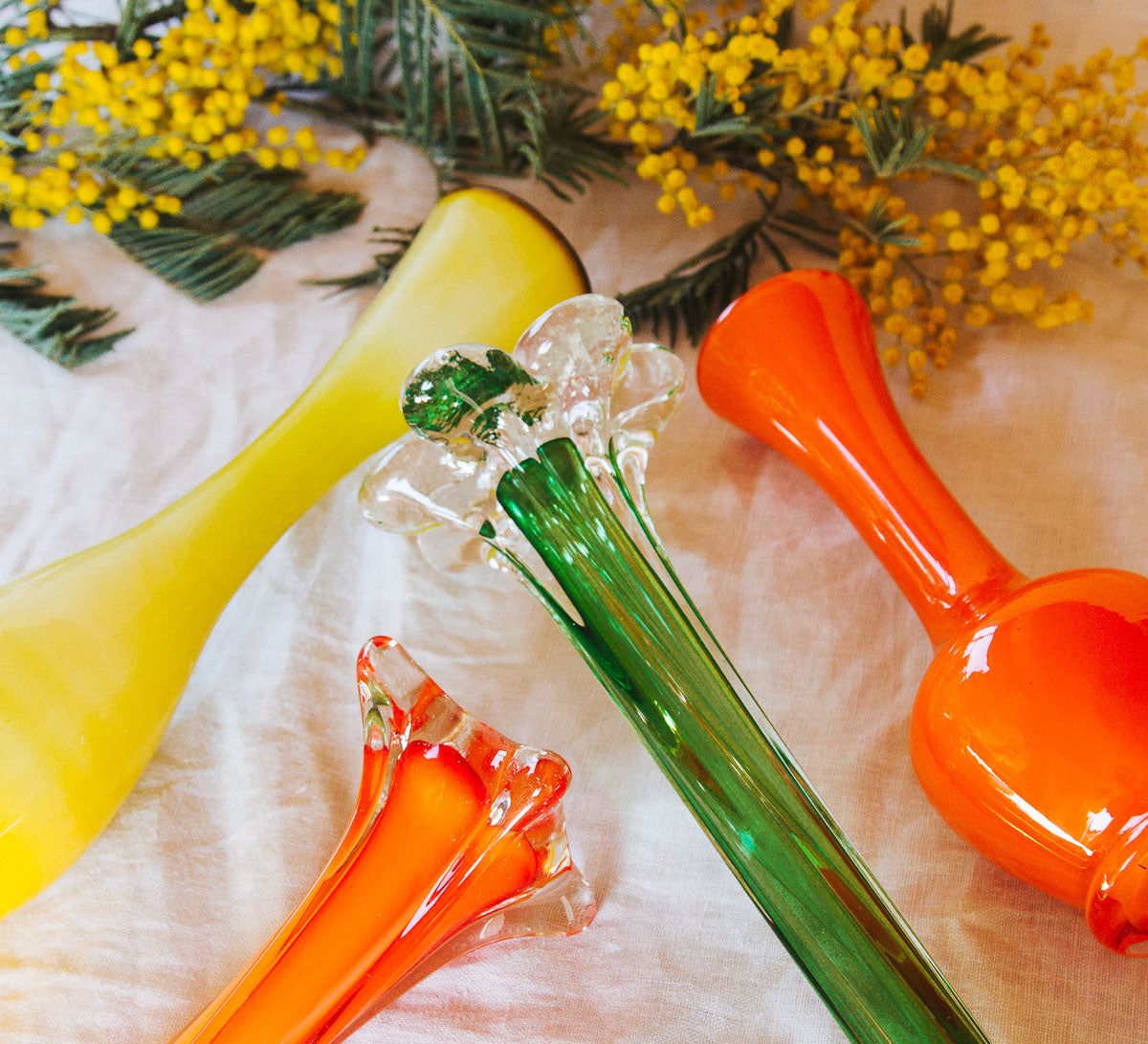 vintage murano glass twisted vase in bright green with flower shaped foot