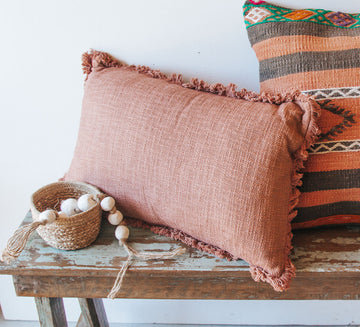 boho woven cotton terracotta throw cushion with fringe