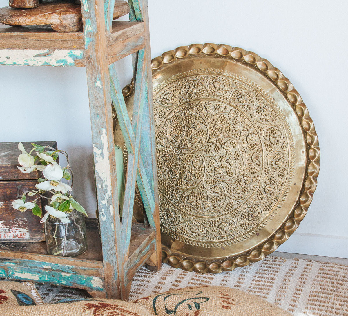 large vintage boho brass serving tray