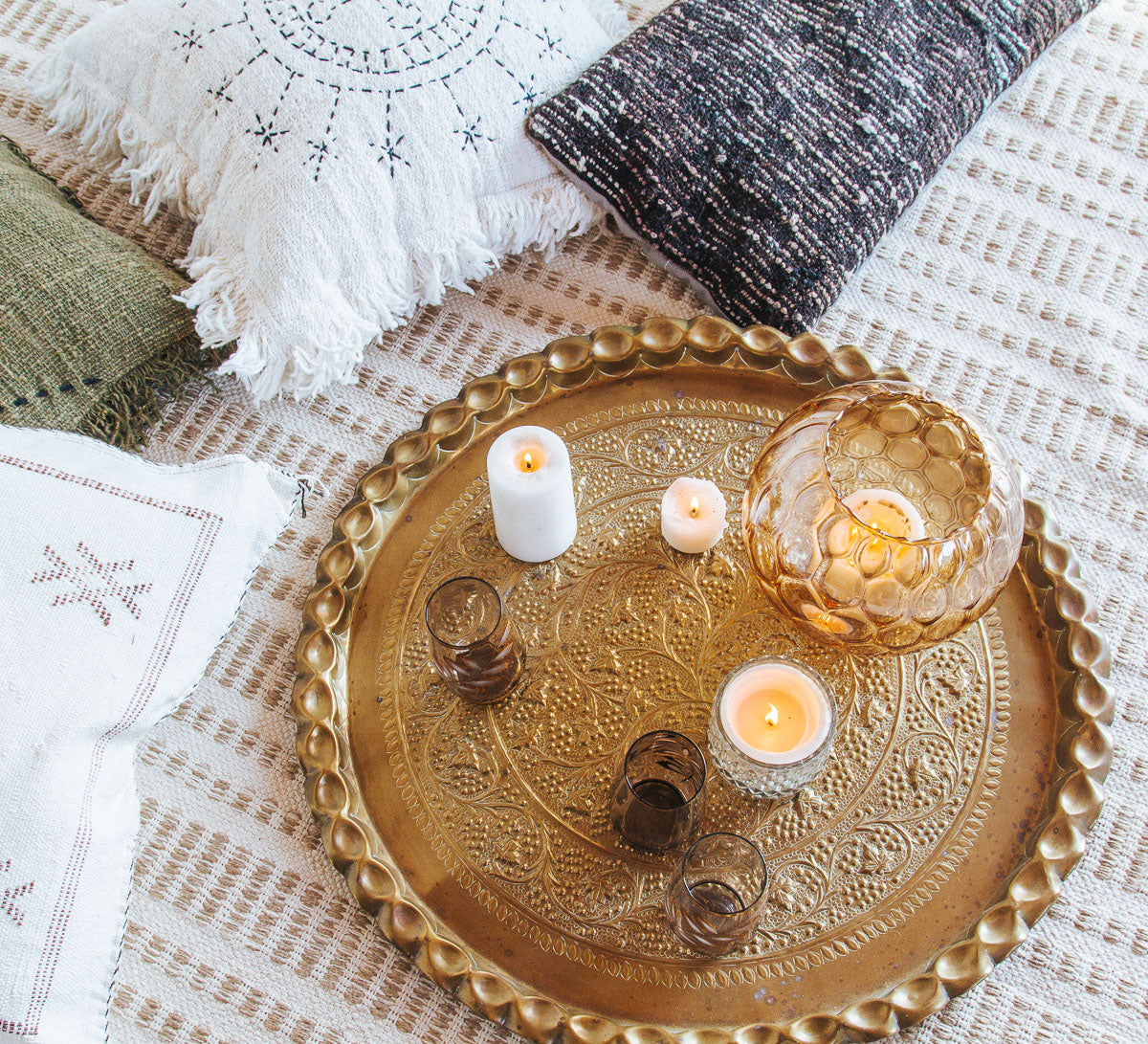 large vintage boho brass serving tray