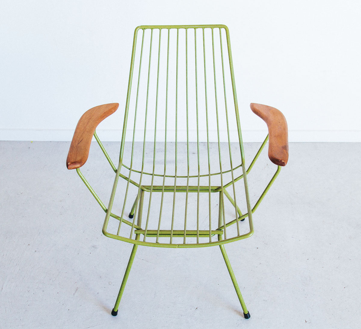 vintage retro boho metal chair with wooden arms