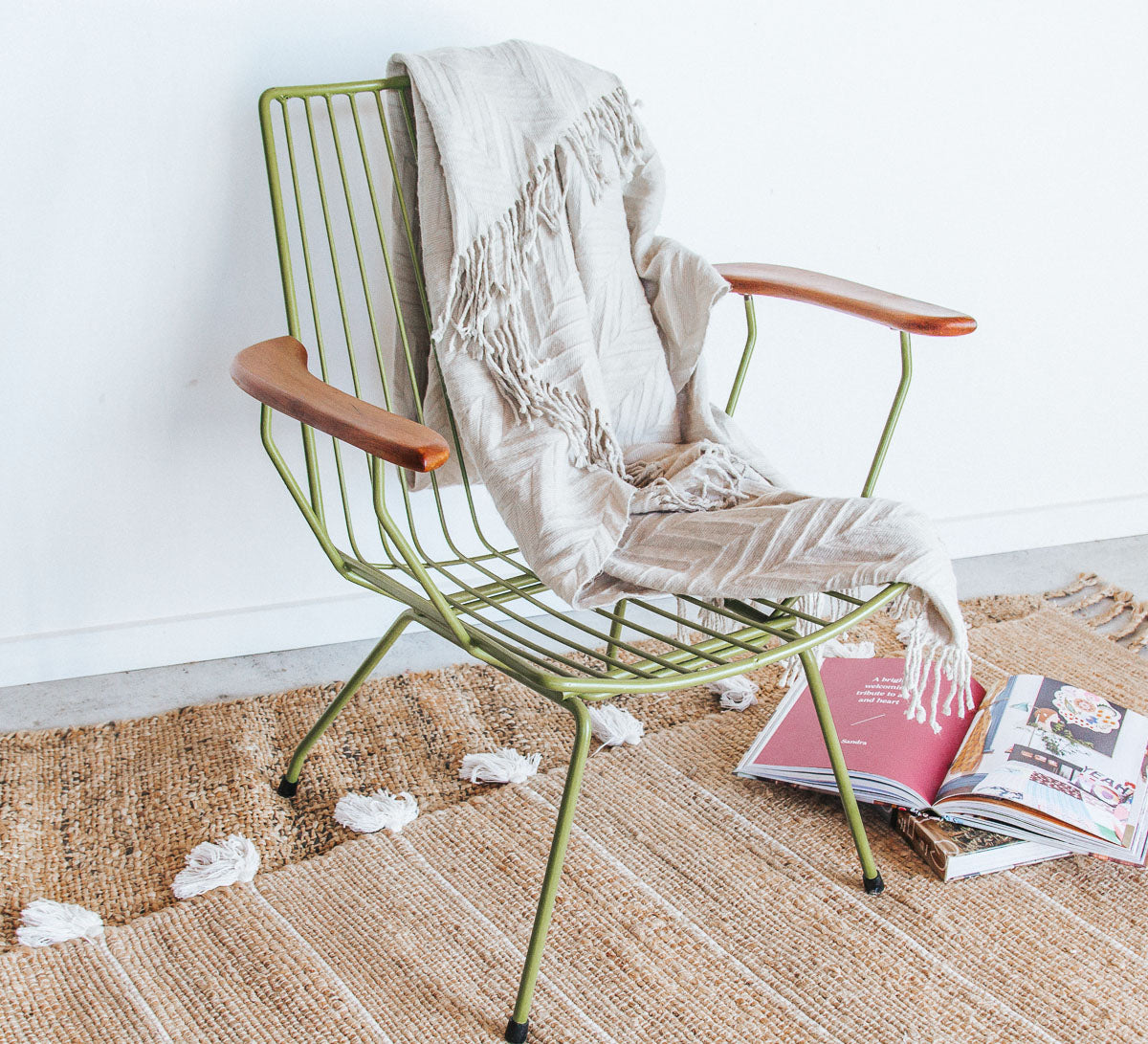 vintage retro boho metal chair with wooden arms