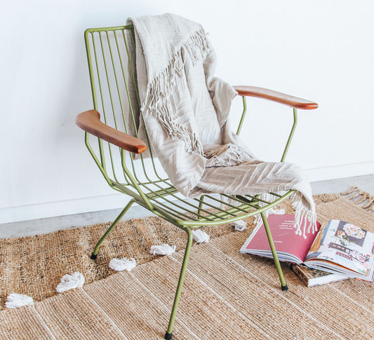 vintage retro boho metal chair with wooden arms