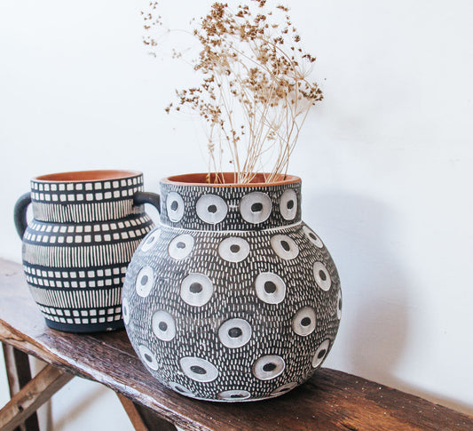 boho cement terracotta black and white geometric planter vase with handles