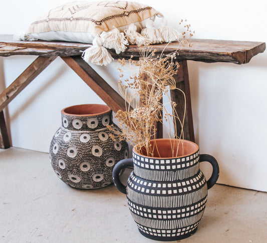 boho cement terracotta black and white geometric planter vase with handles