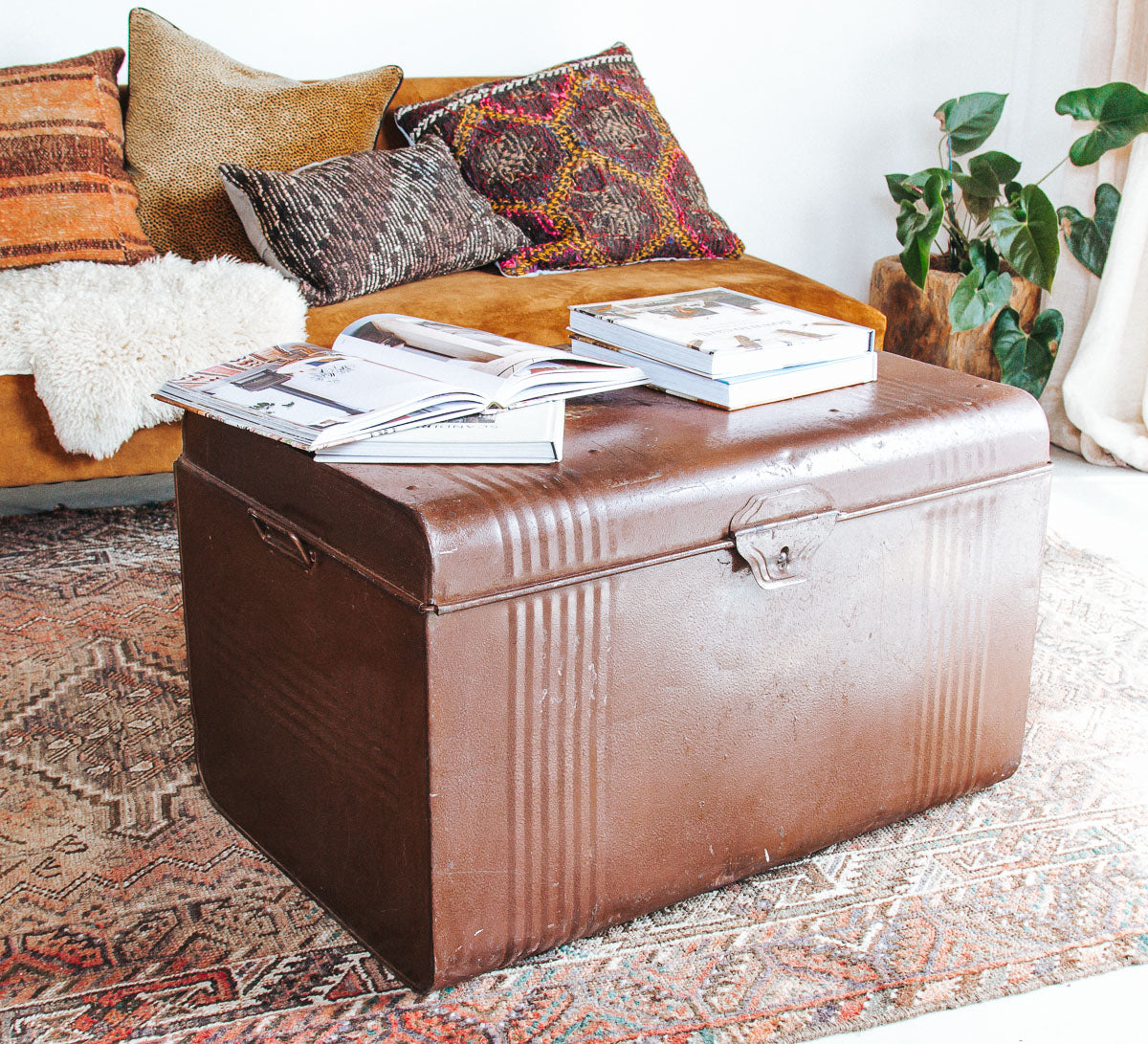 vintage boho metal tin trunk storage chest in brown