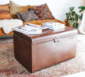 vintage boho metal tin trunk storage chest in brown
