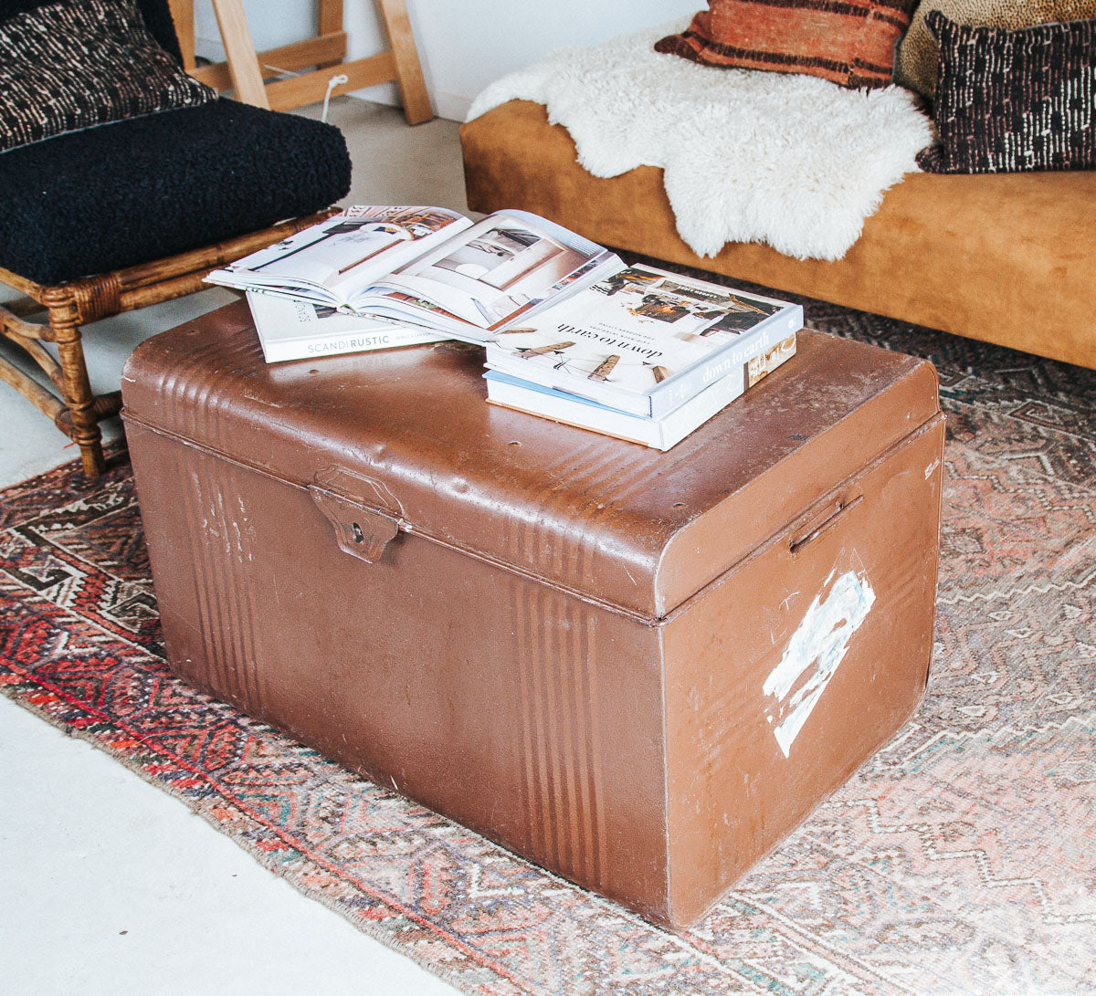 vintage boho metal tin trunk storage chest in brown