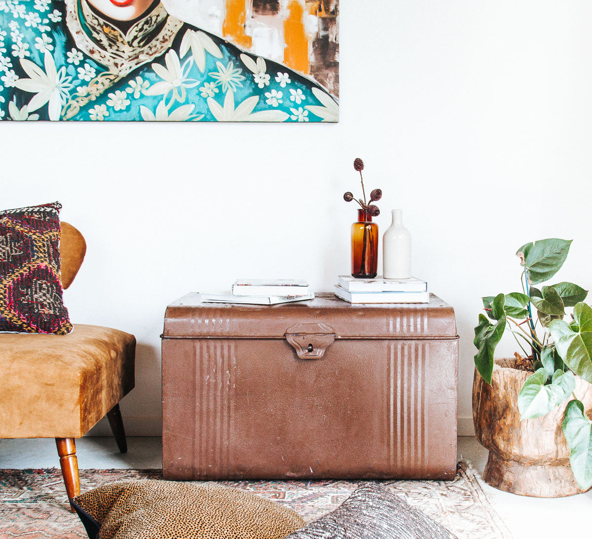 vintage boho metal tin trunk storage chest in brown