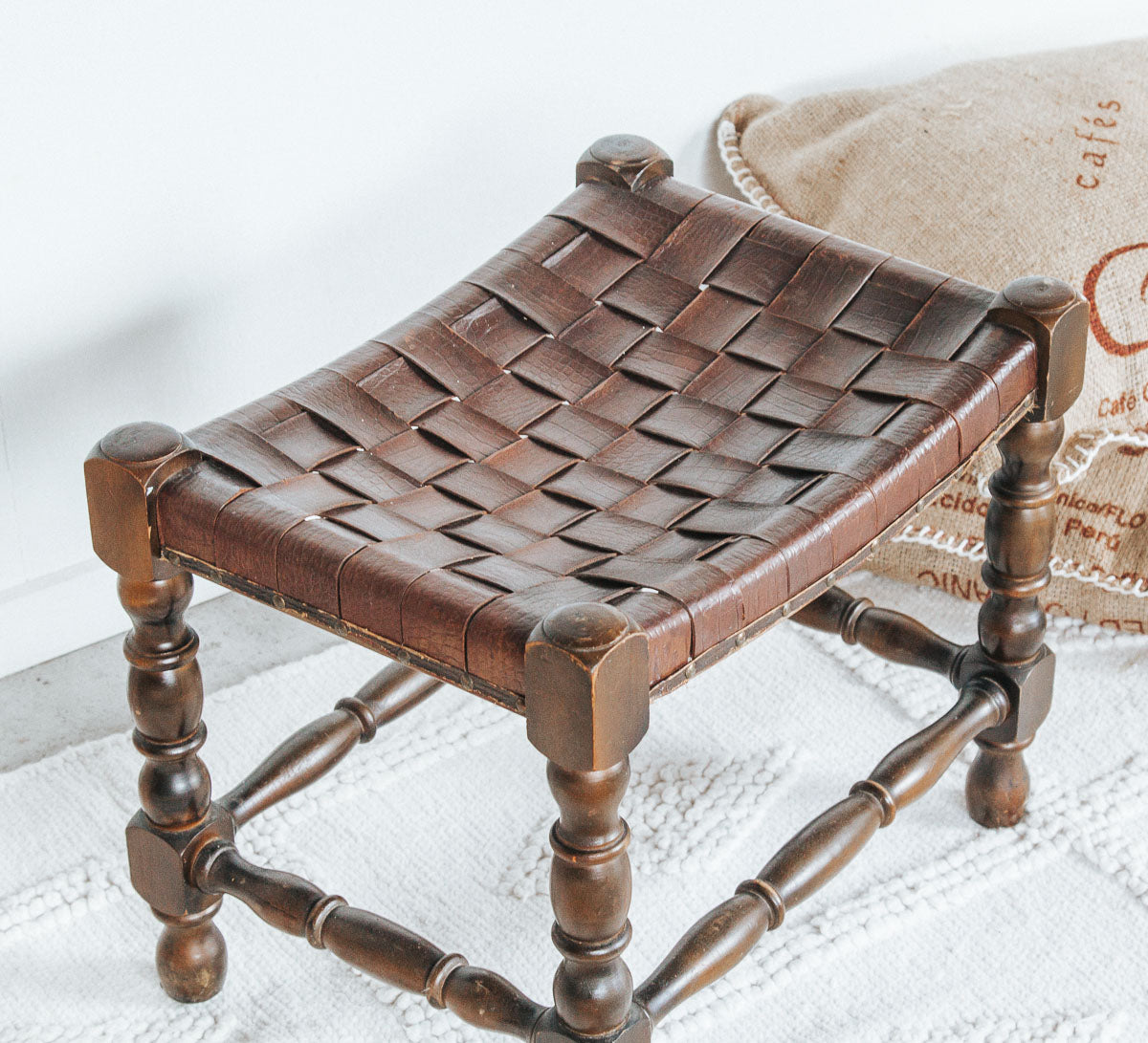 vintage boho wood and woven leather stool seat