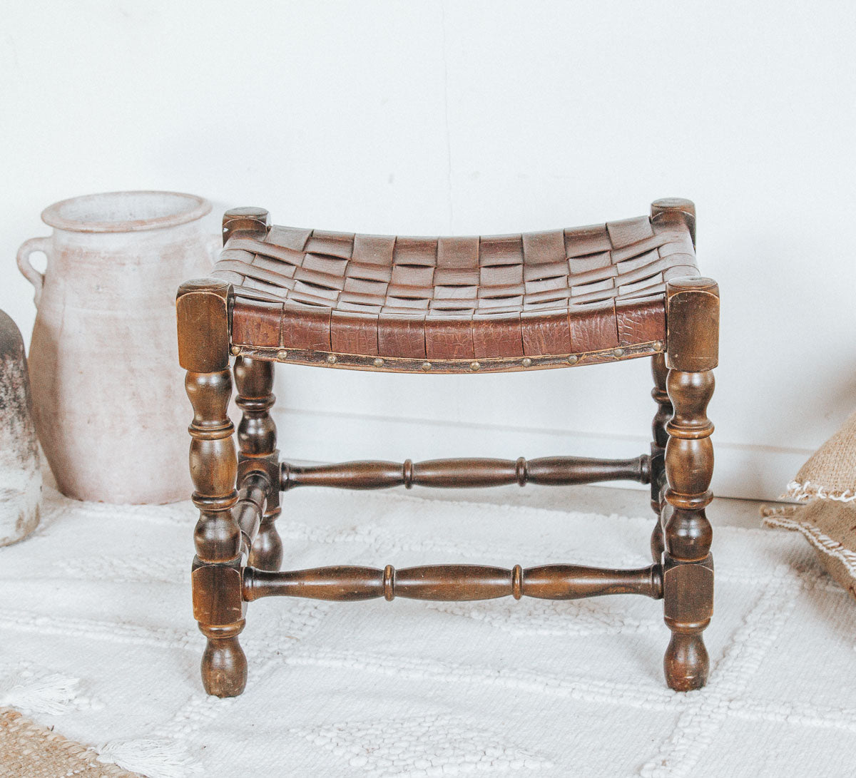 vintage boho wood and woven leather stool seat