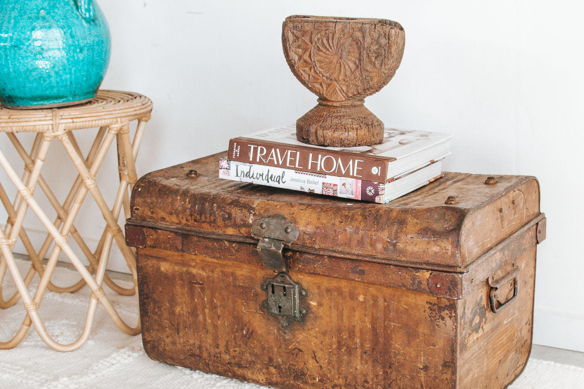 vintage boho wabi-sabi metal tin travel trunk storage chest