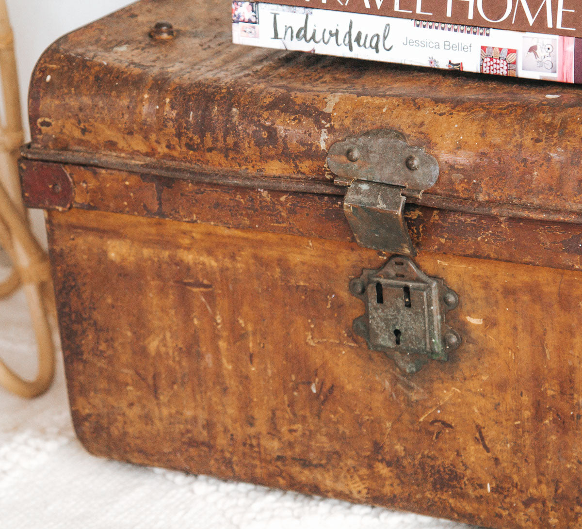 vintage boho wabi-sabi metal tin travel trunk storage chest